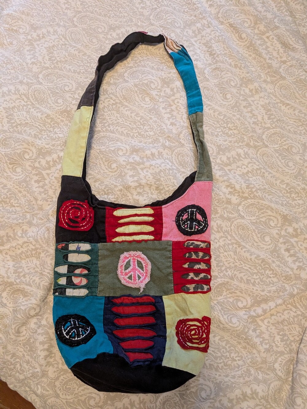 Bohemian Patchwork Peace Sign Shoulder Bag - Multicolor